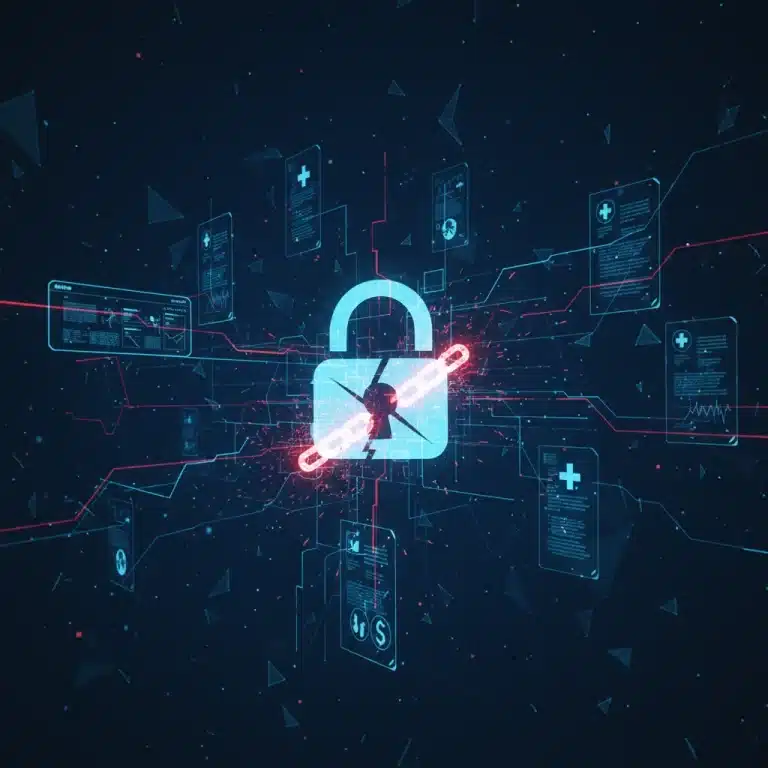 Illustration of a digital padlock with broken links over glowing medical records, symbolizing a healthcare data breach.