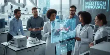 MedTech professionals collaborating with advanced medical technology and digital interfaces.
