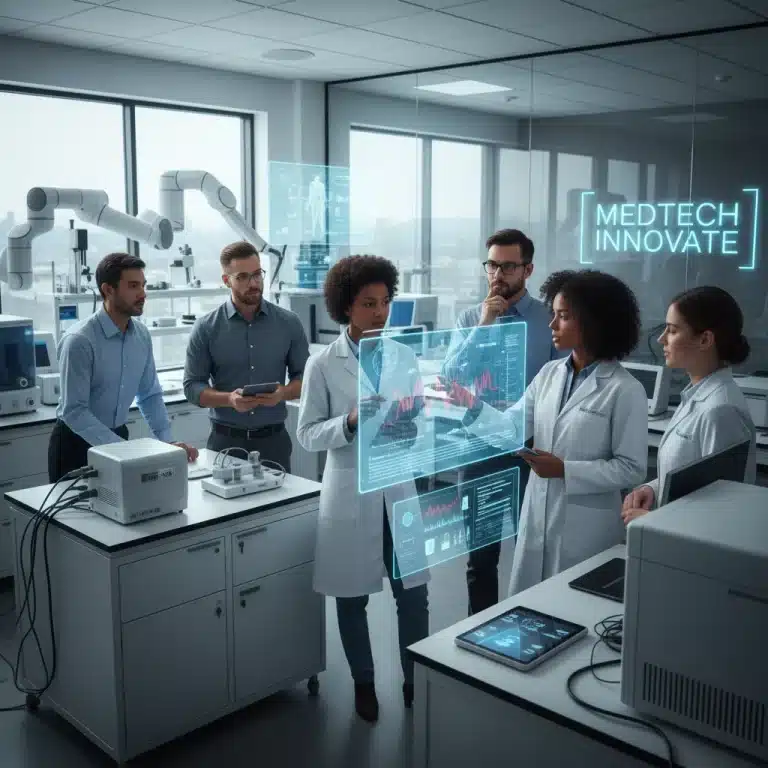MedTech professionals collaborating with advanced medical technology and digital interfaces.