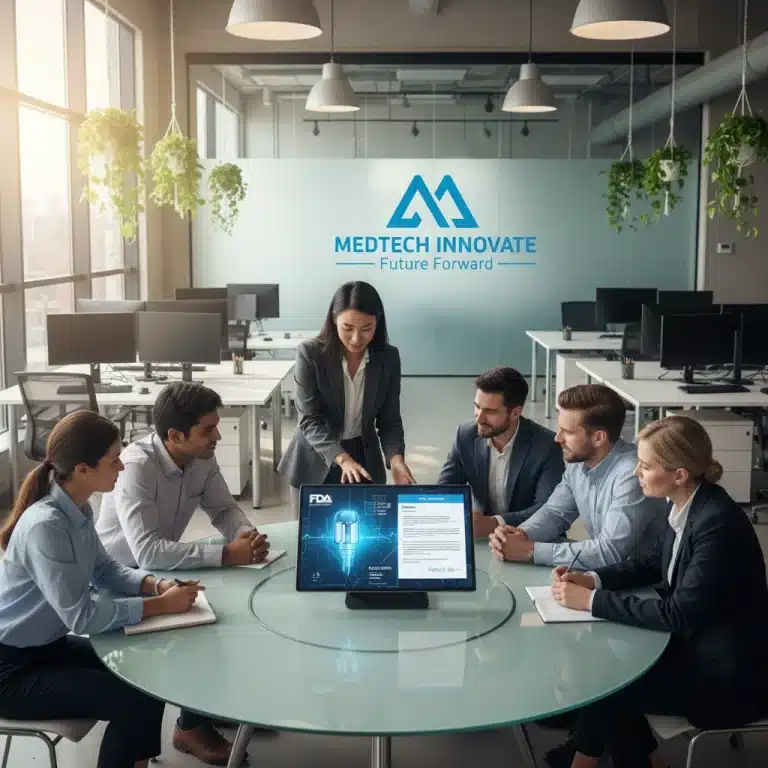 Professionals collaborating on MedTech device schematics and regulatory documents in a modern office environment.