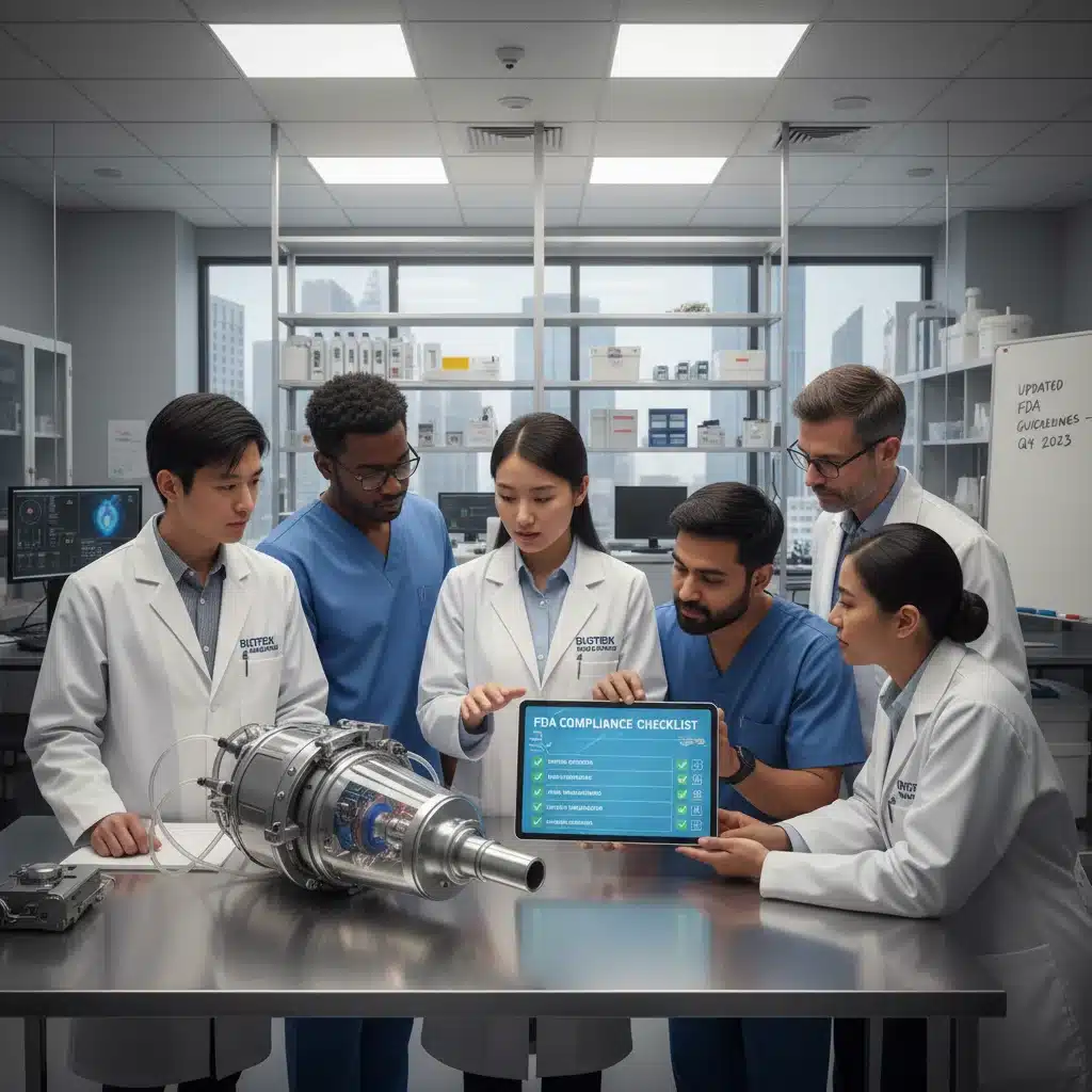 Engineers and specialists collaborating on medical device prototype with training materials