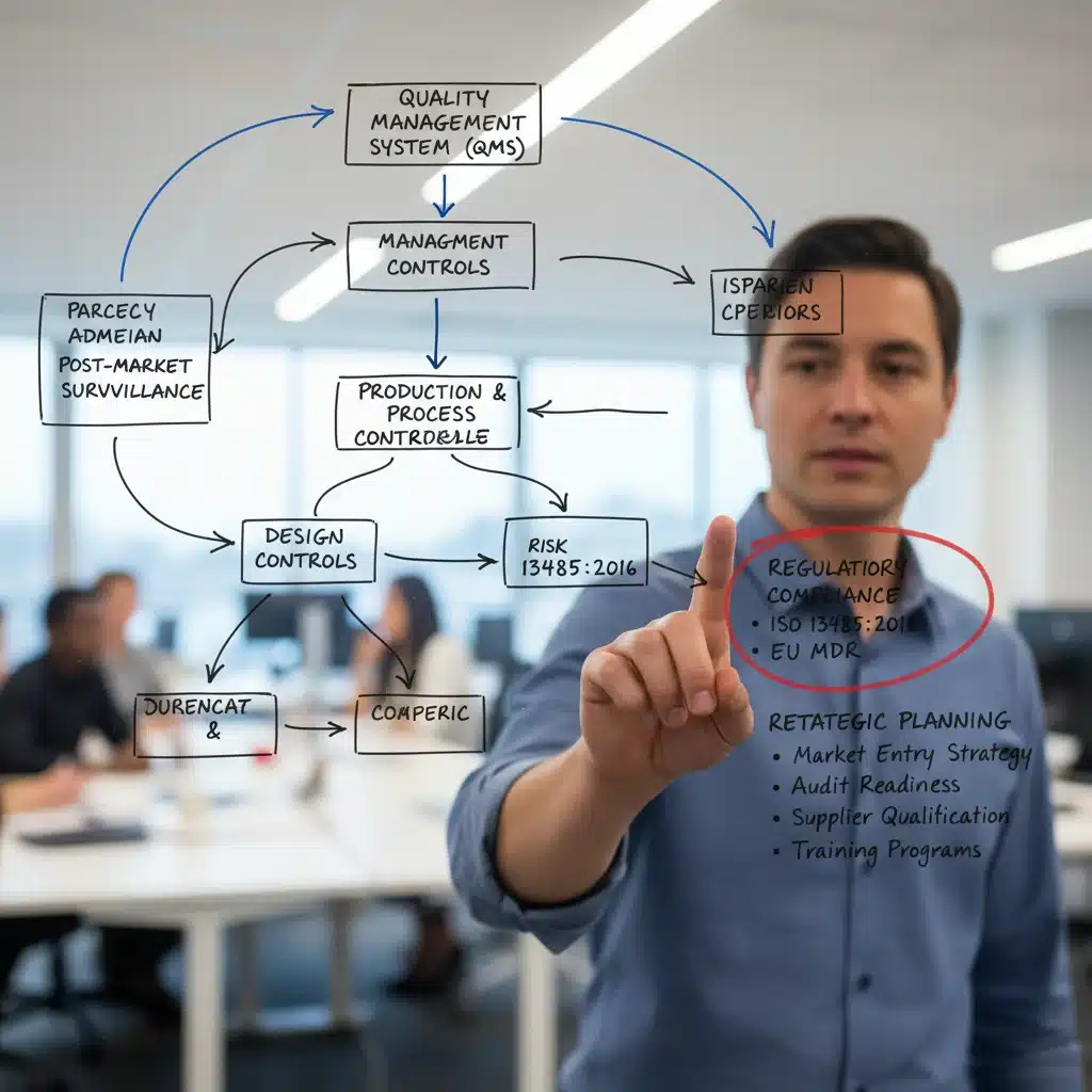 Strategic planning for medical device quality management system on a whiteboard.