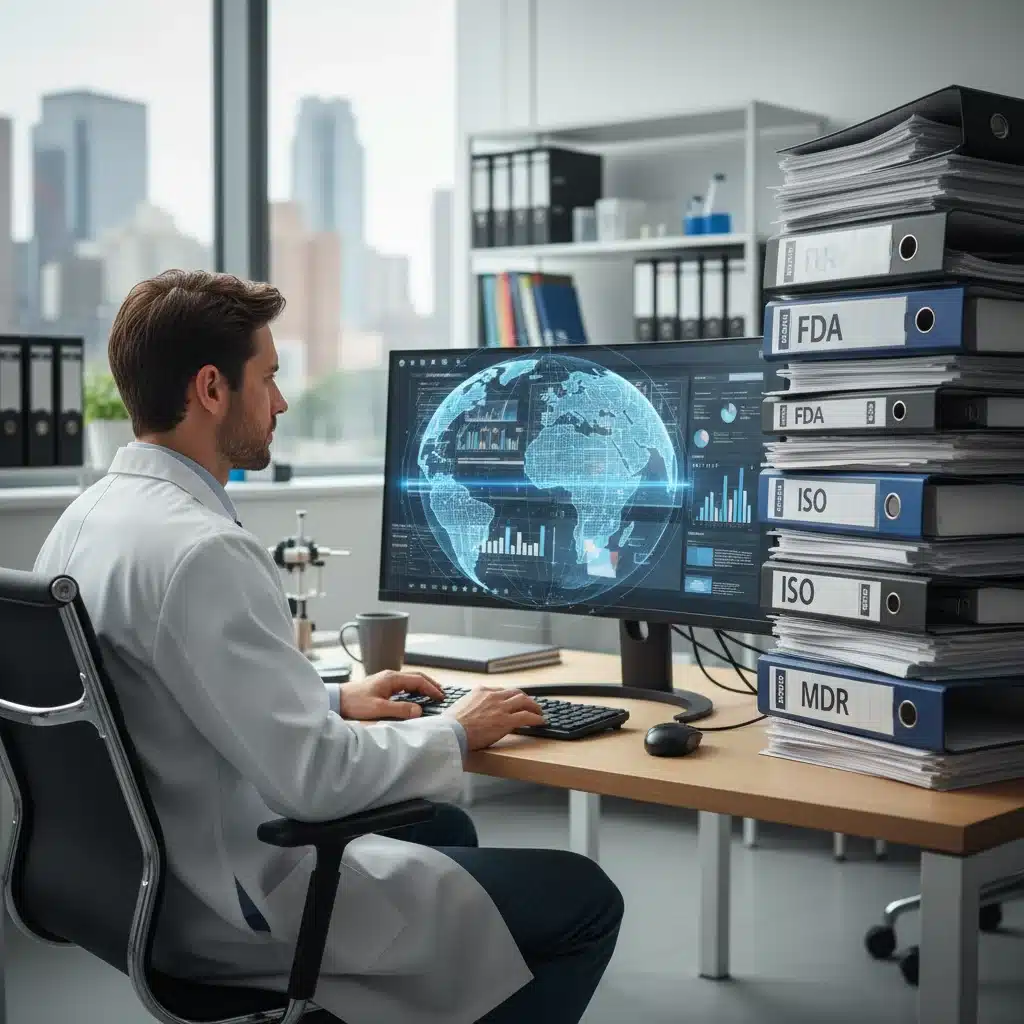 Professional reviewing global MedTech regulatory documents and compliance.