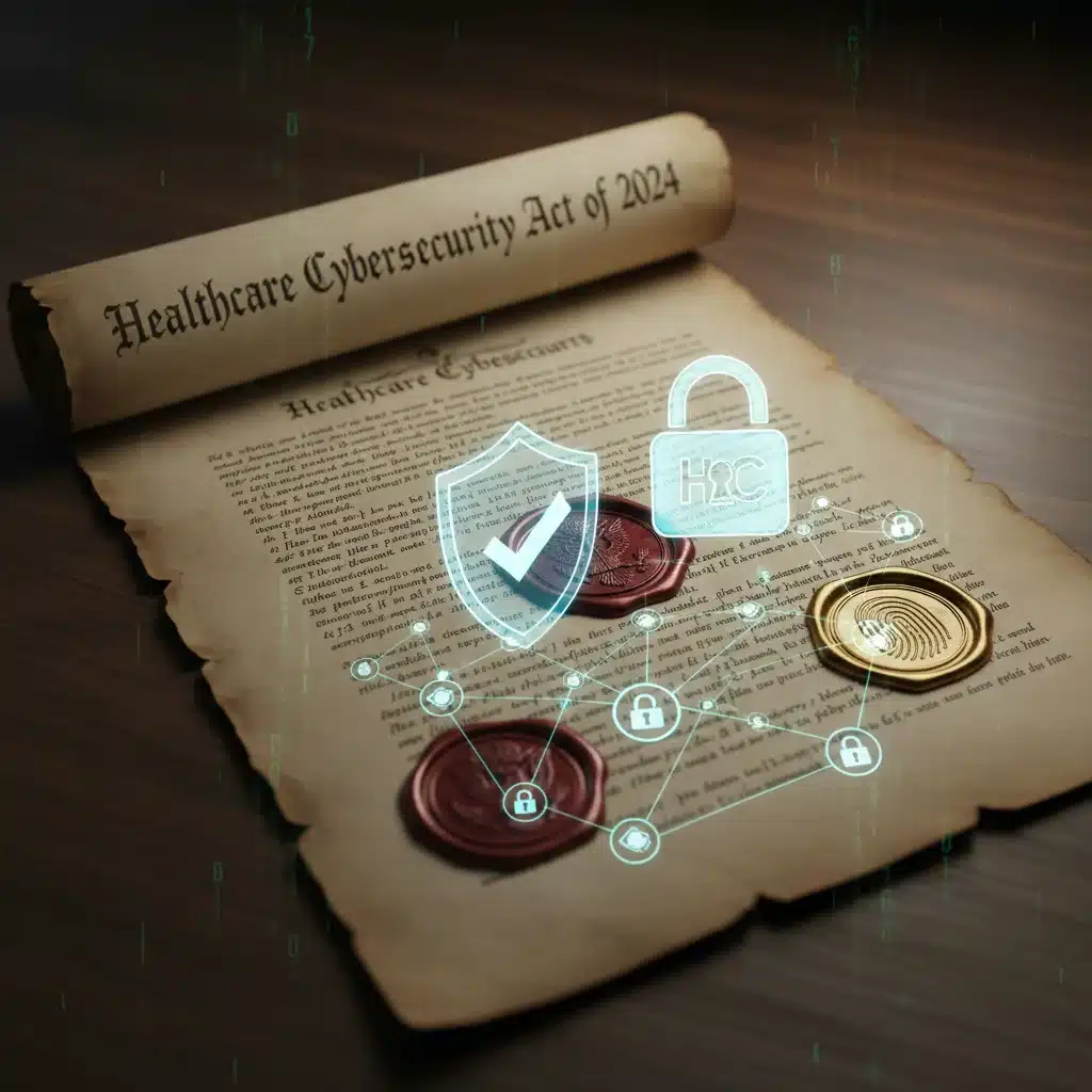Image depicting new healthcare cybersecurity regulations with a legislative document and security icons.