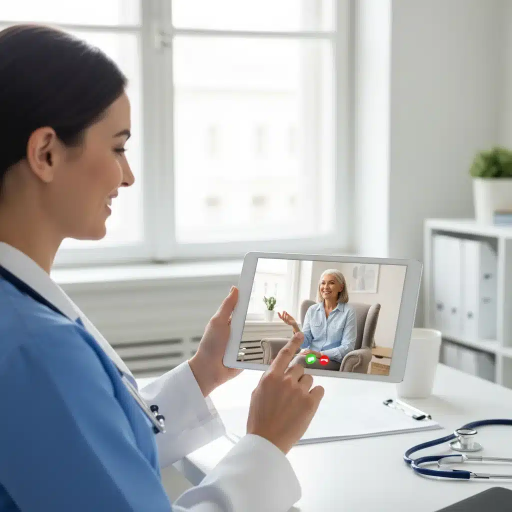 Healthcare provider smiling during a virtual consultation with a patient on a tablet, showcasing positive telehealth interaction.