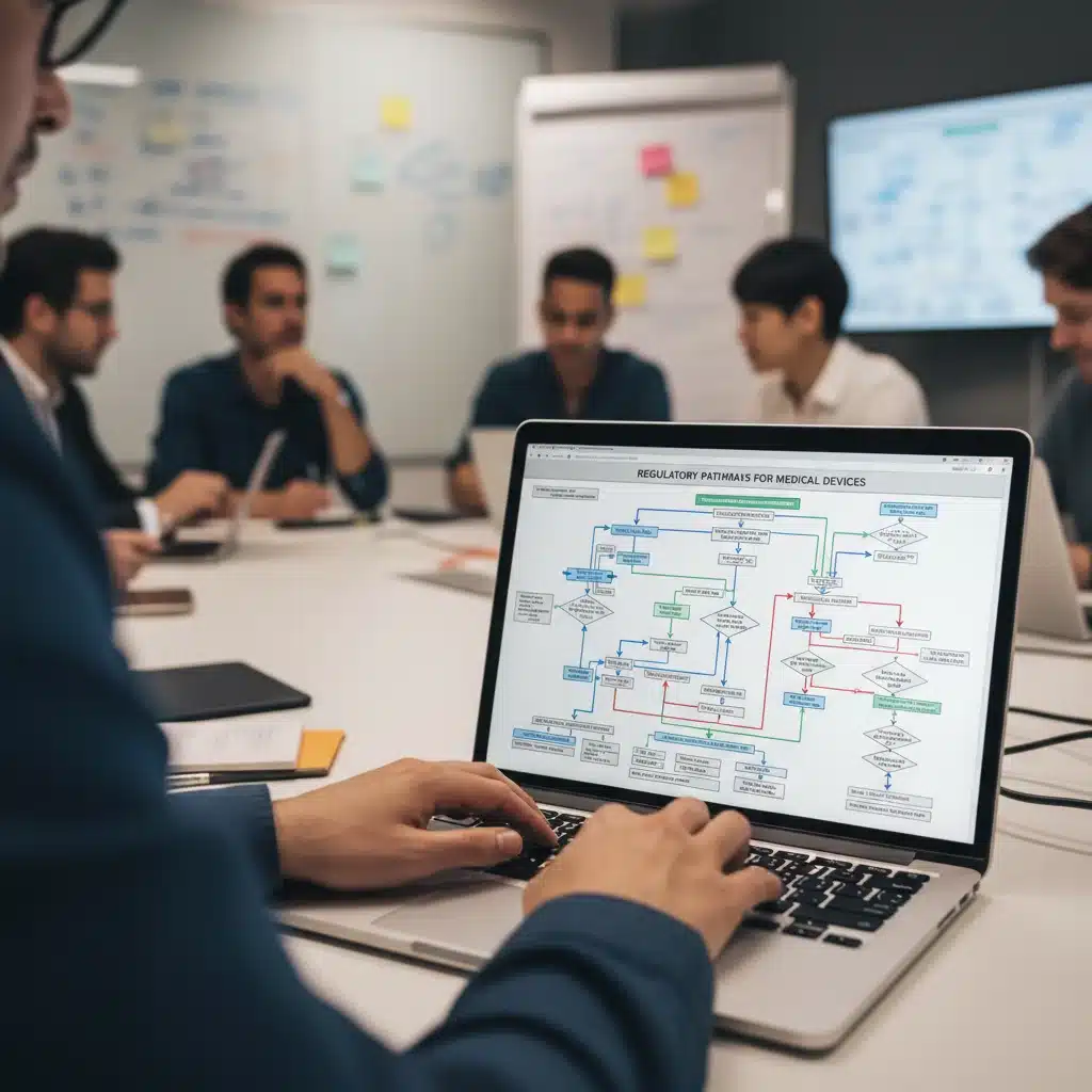 Developer navigating complex FDA regulatory pathways on laptop