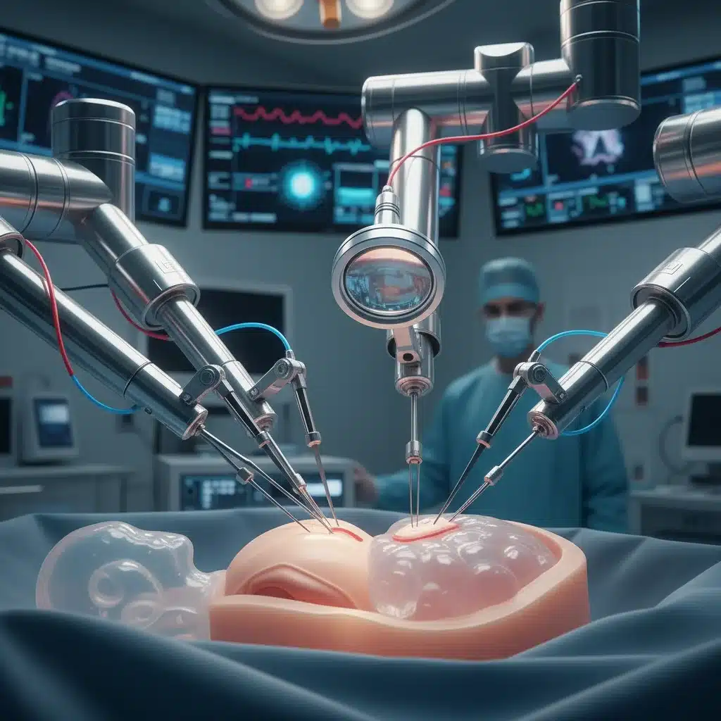Robotic surgical arm demonstrating precision in a medical setting, representing advancements in surgical technology.
