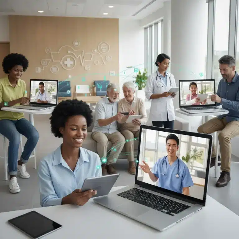Diverse individuals engaging in virtual healthcare appointments, representing telehealth accessibility and growth.