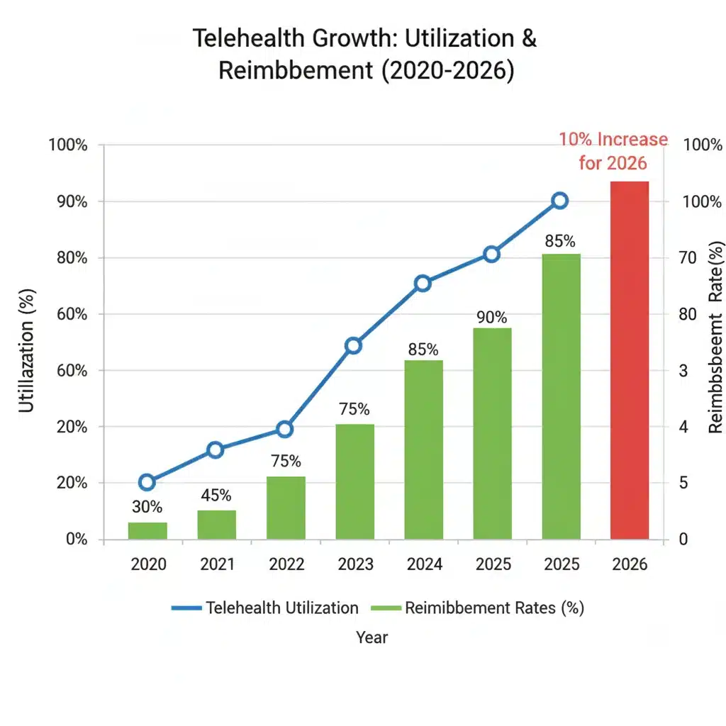 Graph illustrating the significant increase in telehealth reimbursement rates, emphasizing the 2026 federal mandate.
